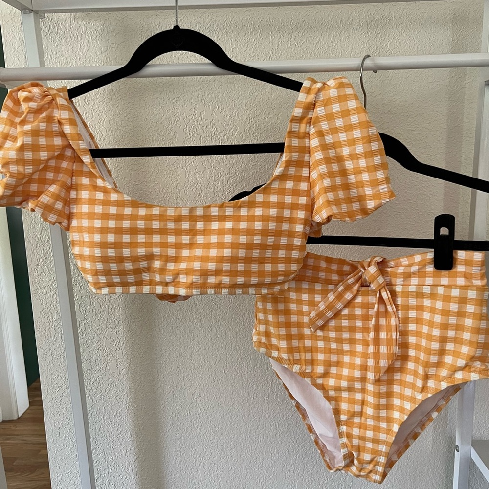 COPY - Gianni Bini Gold/Yellow/Mustard Gingham Puff-Sleeve, High-Waisted Swimsu…